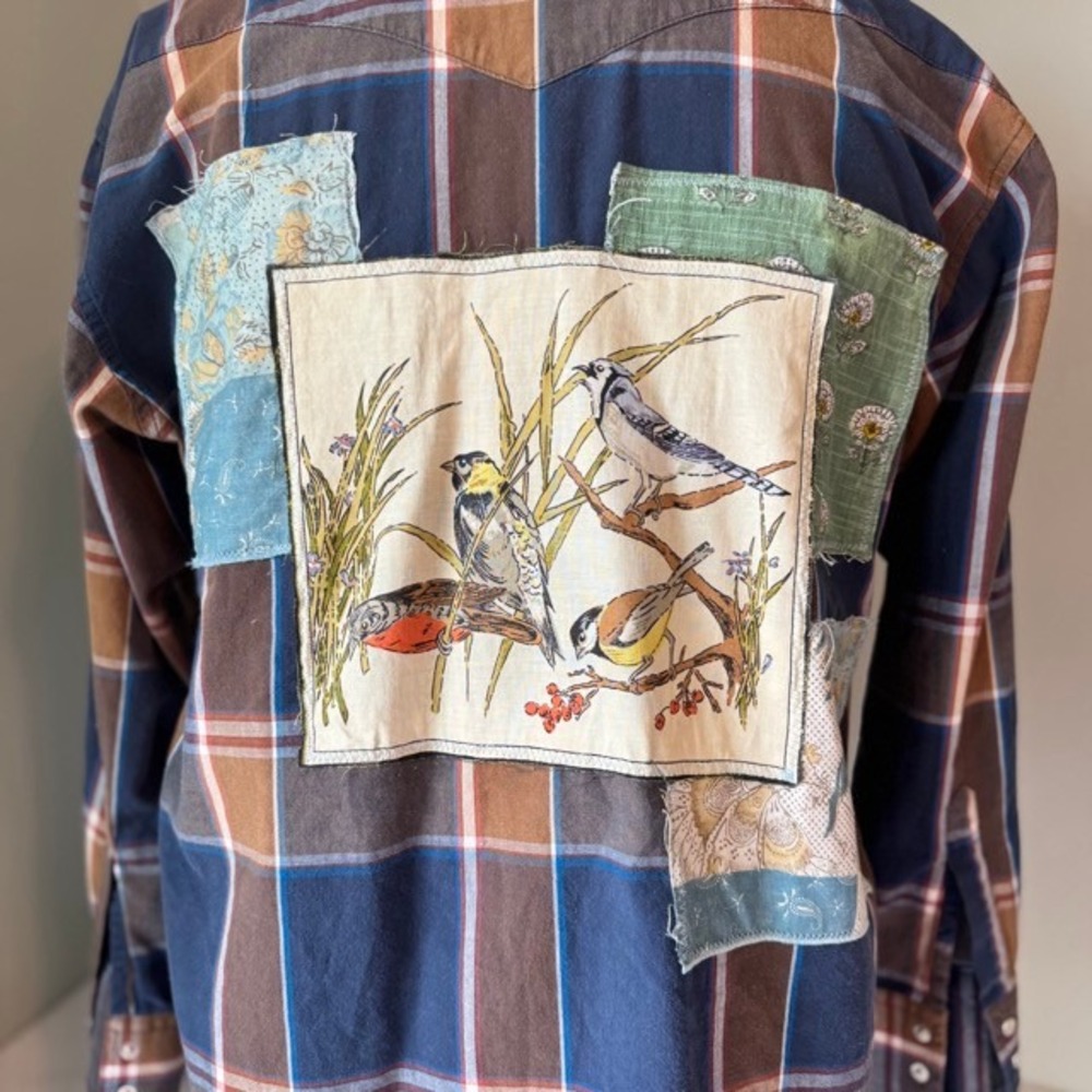 Upcycled Wrangler Custom Western Shirt Plaid Pearl Snap Bird Floral Blue Brown - Picture 3 of 8